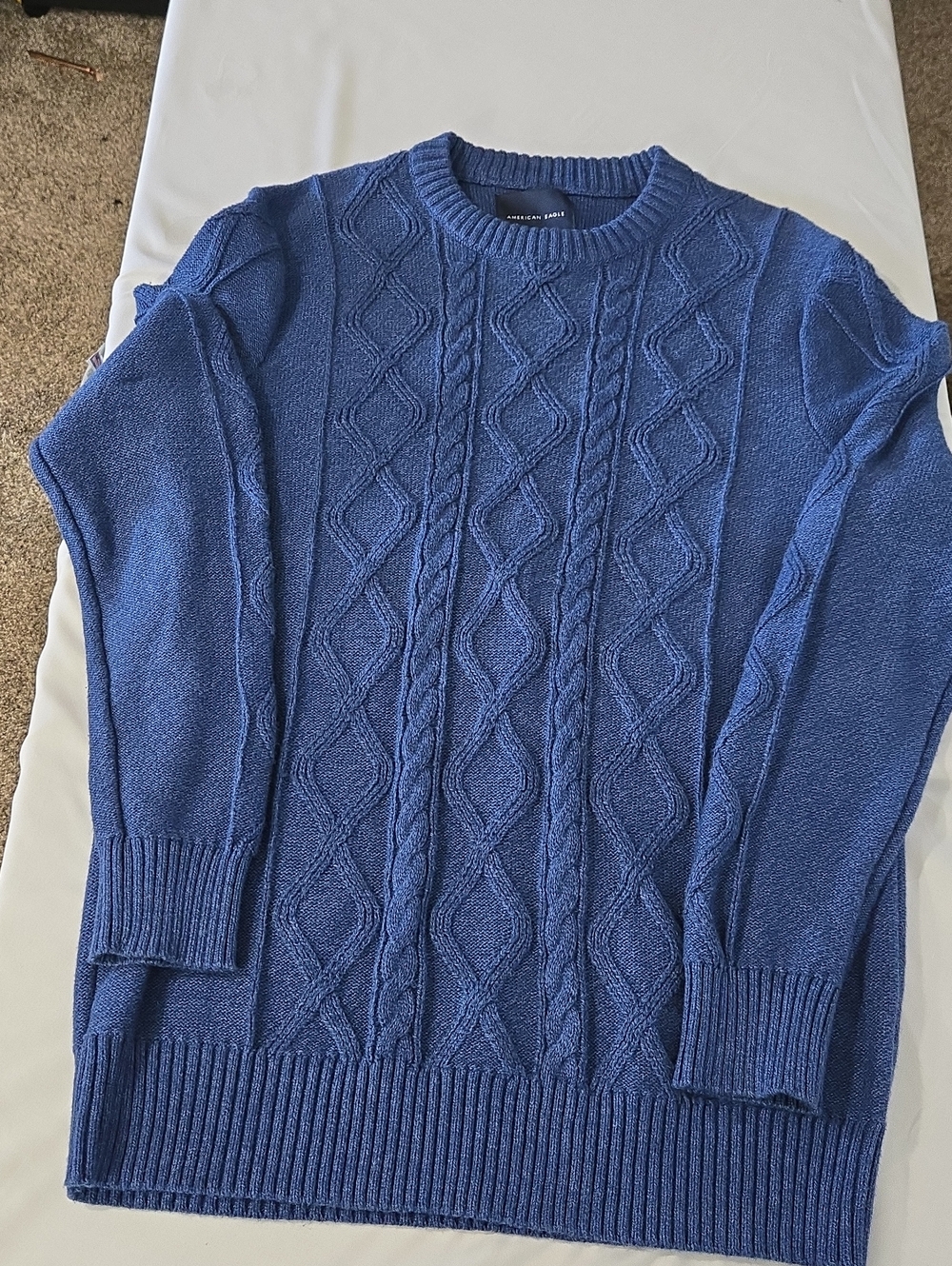 American Eagle Outfitters Men's Blue Cable Knit Crewneck Sweater
